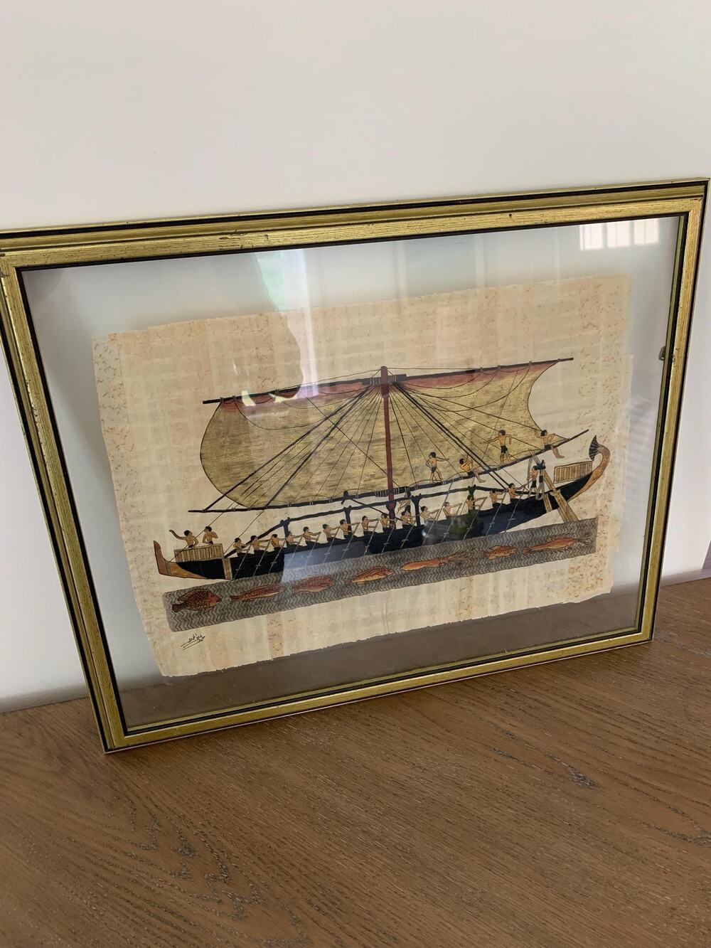 Vintage Egyptian Papyrus Painting Queen Nefertari Framed Art Signed